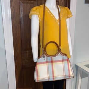 Fossil Cream & Red Plaid Canvas Shoulder Bag/ Handbag w/Brown Leather Trim